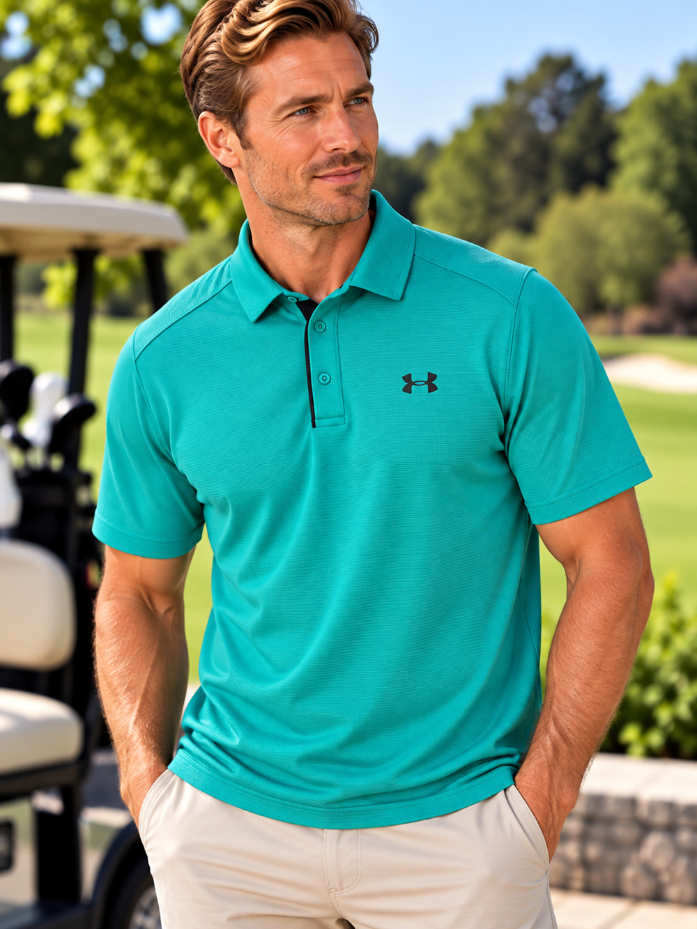 Under Armour HeatGear Mens Golf Polo Shirt M Turquoise Teal Loose Fit Short Slee